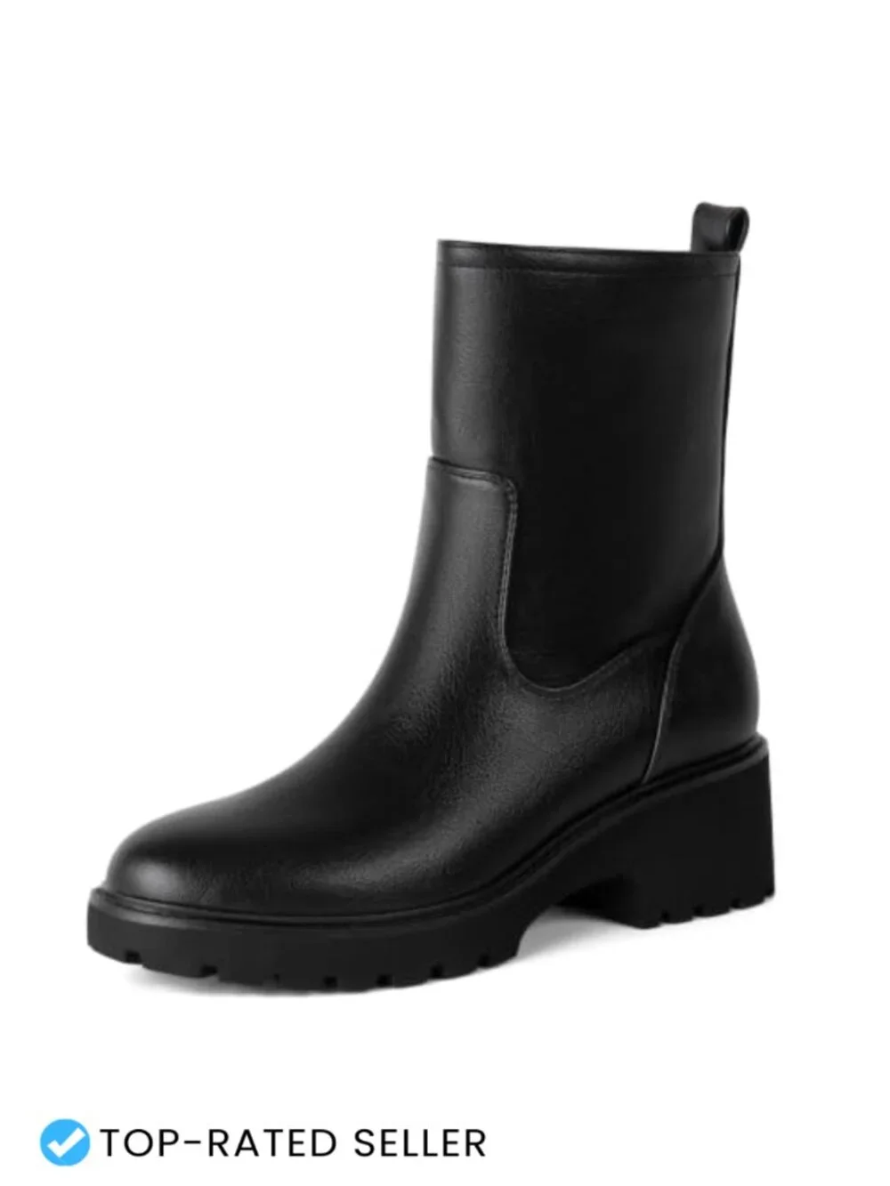 Faux Leather Round Toe Ankle Boots with Chunky Heel Lug Sole